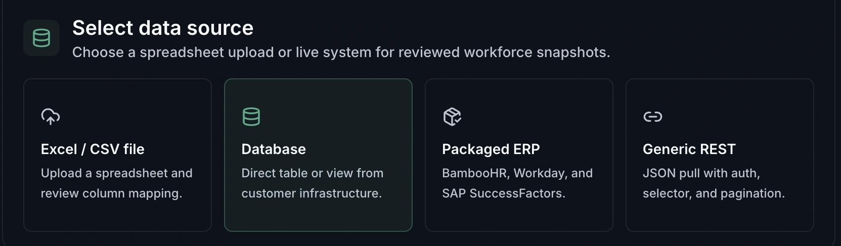 Current data source workflow with spreadsheet, database, ERP, and REST options.